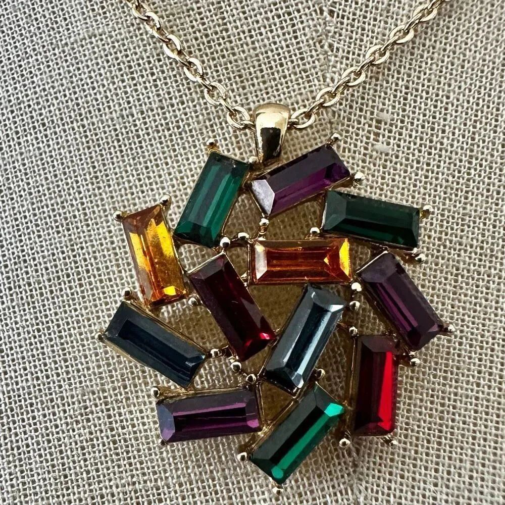 Charter Club Multicolor Baguette Crystal Pendant Necklace, Gold Tone